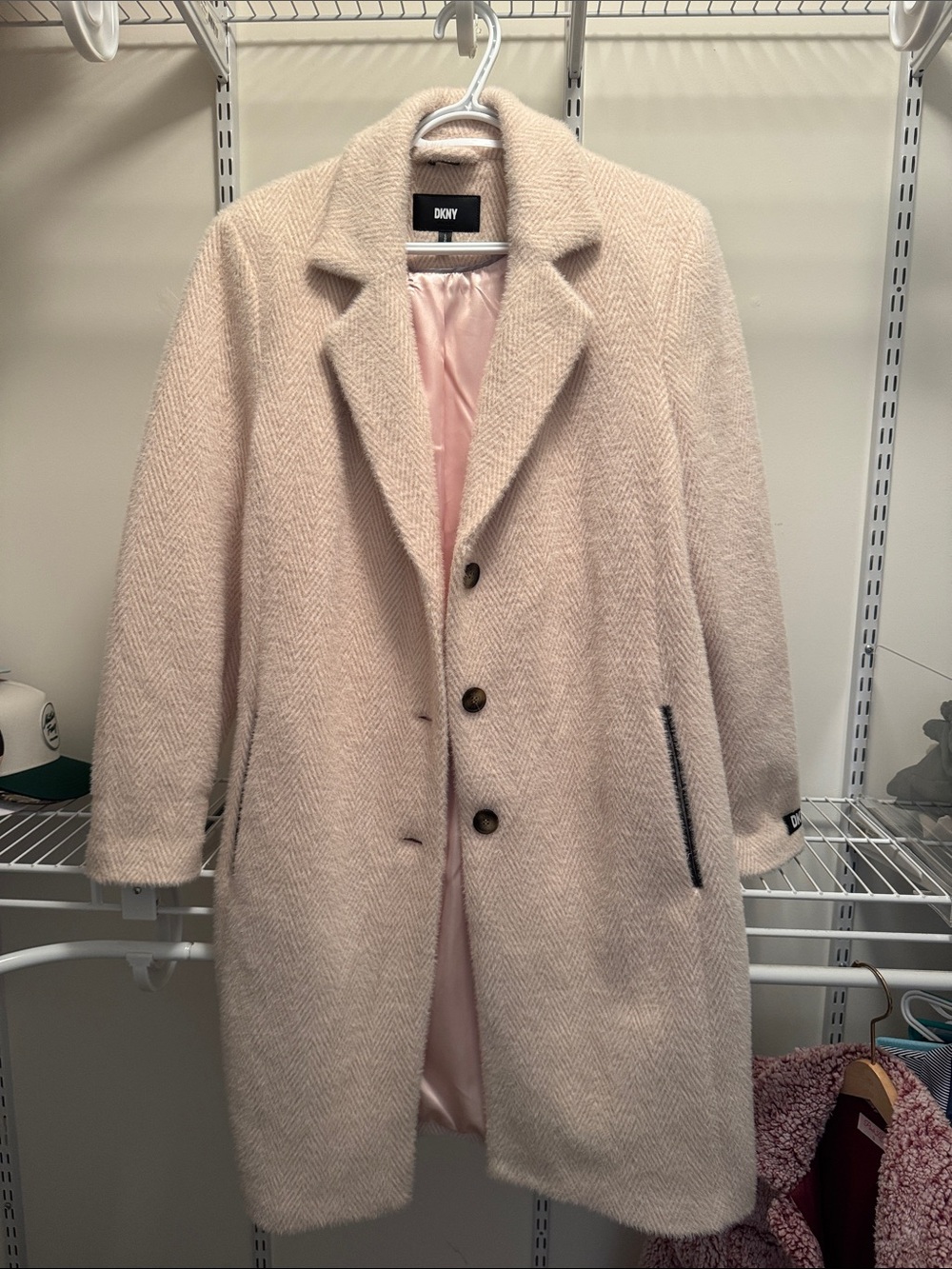 DKNY Blush Pink Single-Breasted Wool Blend Pea Coat